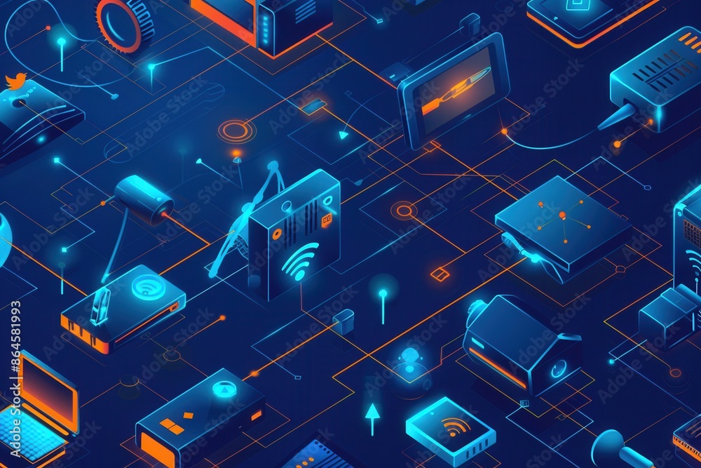 Fototapete A digital illustration depicting a network of smart home devices, including routers, modems, and other connected gadgets, all connected by abstract lines symbolizing data flow. Generative AI