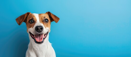 Cute dog with a happy expression looking at the camera against a blue background, with space for editing