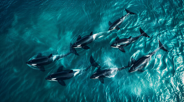 Aerial view of a group of orcas swimming in the blue sea, drone shot of a killer whale pod