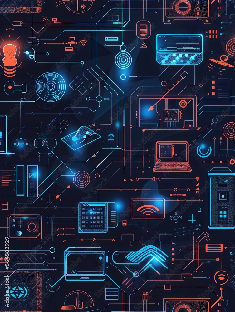 Fototapete a digital illustration featuring various network devices, including routers, modems, and smart home 