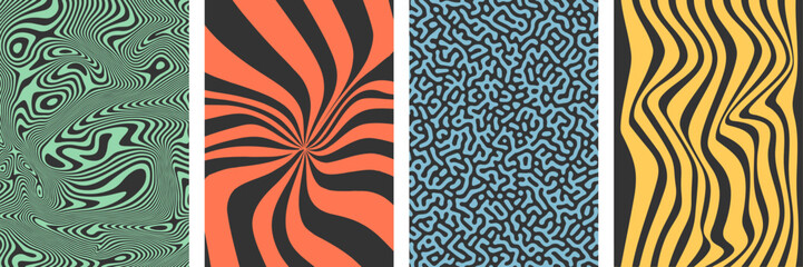 Abstract retro psychedelic groovy backgrounds with waves, swirl, twirl and lines. Y2K aesthetics. Twisted and distorted vector trendy textures for wrapping, textile, posters, social media.