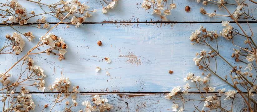 Bird's-eye view of a stunning flat lay on a rustic white and blue wooden backdrop adorned with dry yipso flowers, providing an area for text or message alongside the image. Copy space image