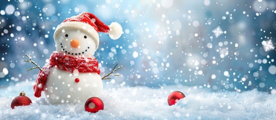 Fototapeta premium Holiday greeting card featuring a cheerful snowman in a snowy Christmas scene with copy space image.