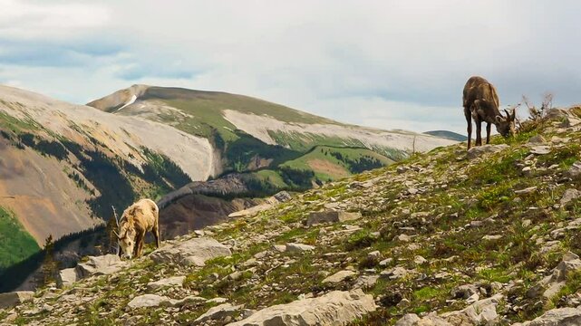 sheep in the mountainsMountain goats eating grass on top of Rocky mountain in a summer couldy day in a peaceful place. Peace in mind in a nature. traveling in Canada National park