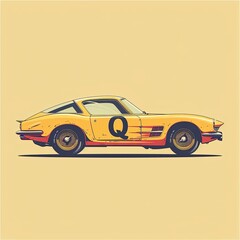 A yellow vintage race car with a "Q" on the side, isolated on a pale yellow background.