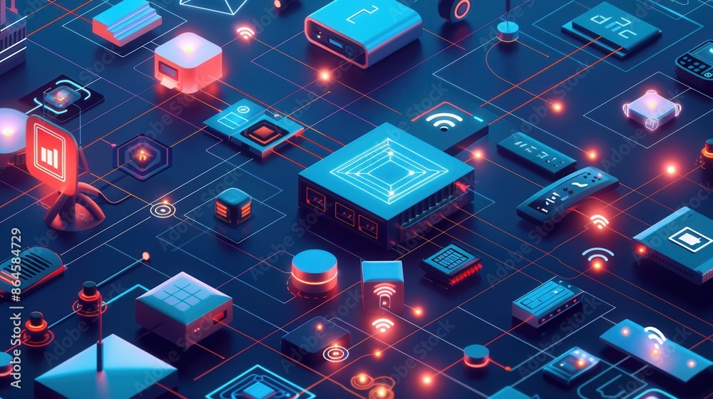 Poster an abstract illustration depicting various network devices connected by lines representing data flow