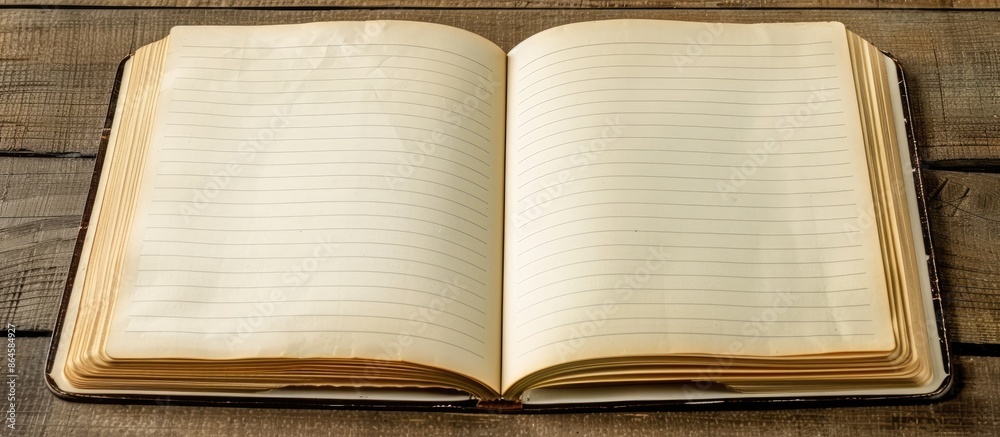 Poster top view picture of an open notebook with lined paper texture background, ready for copy space image