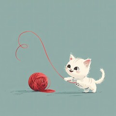 A playful white kitten chases a red ball of yarn.