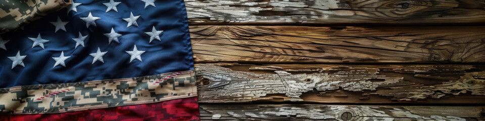 Fototapeta premium A close-up image of an American flag draped over a rustic wooden background. The flag features a camouflage pattern on the bottom half, adding a unique touch to the traditional design