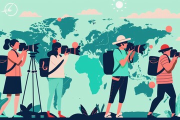 World Photography Day flat illustration photographers in action, documenting important events, capturing moments of humanity, power of image-making
