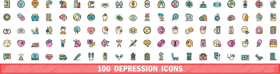 Fototapeta premium 100 depression icons set. Color line set of depression vector icons thin line color flat on white