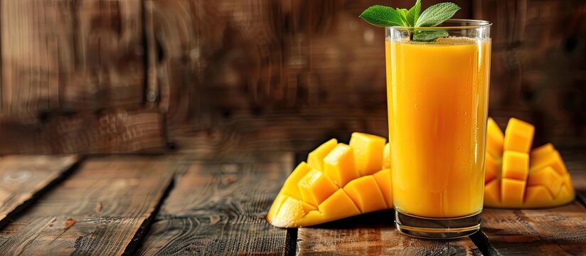 A glass of refreshing mango Harumanis juice on a wooden background with clear focus and room for text or images. Copy space image. Place for adding text and design