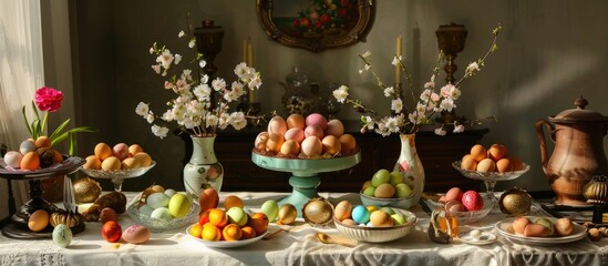 Colorful Easter-themed table setting with various eggs on display, ideal as a spring religious festival backdrop or for any festive occasion involving eggs. Copy space image