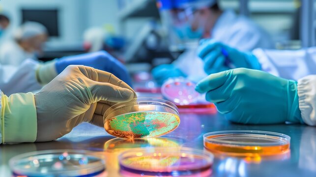 Scientists examining glowing samples in a sterile lab, surrounded by advanced equipment and research tools.