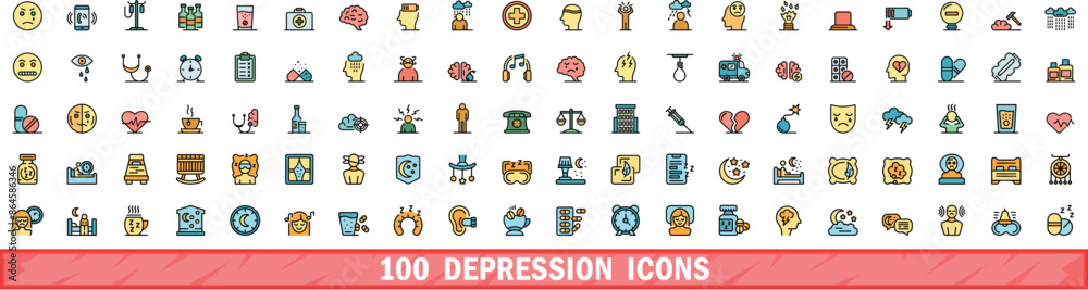 Sticker 100 depression icons set. Color line set of depression vector icons thin line color flat on white - Stickers