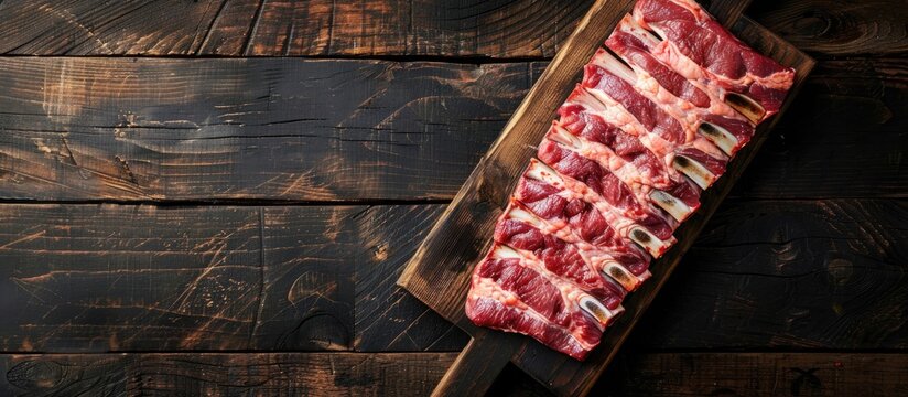 Top-down view of a fresh rack of raw pork spare ribs on a butcher board against a dark wooden backdrop with space for text or images. Copy space image. Place for adding text and design