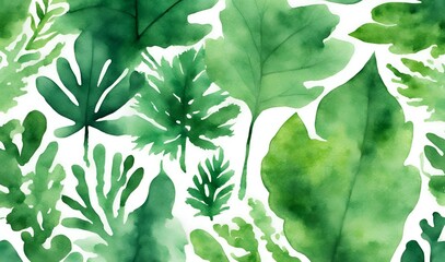 Watercolor background with a green leaves theme, creating a lush, natural atmosphere. Perfect for nature-inspired designs, evoking freshness and tranquility.