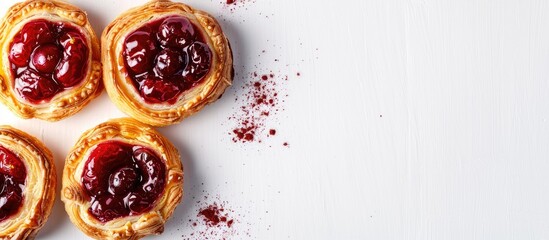 Danish pastry with cherry filling on a white backdrop, ideal for a copy space image.