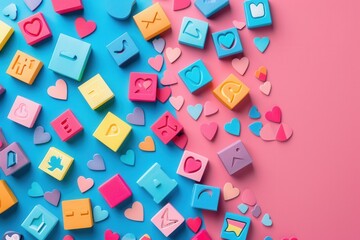 Fototapeta premium A vibrant image featuring colorful social media icons scattered on a blue and pink background. The image represents the current trends and engagement on social media platforms. Generative AI