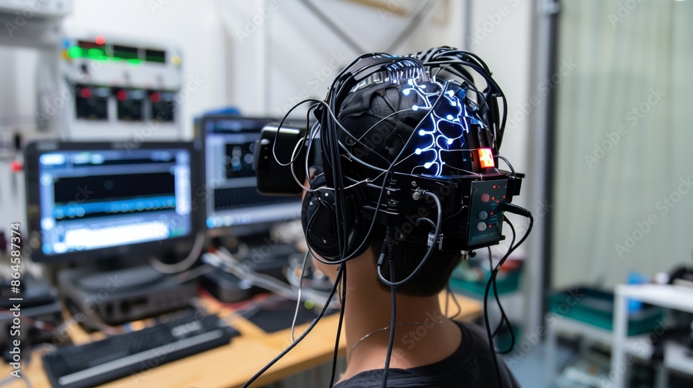 Poster a brain-computer interface experiment is in progress. the participant wears a neural headset linked 