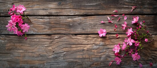 Fototapeta premium Small bouquet of Kalimeris indica flowers on aged rustic wood background with copy space image.