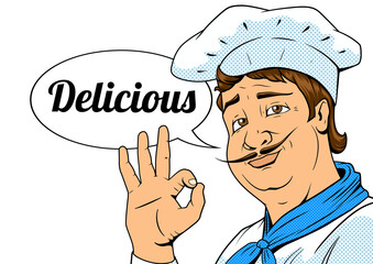 Chef show okay sign pop art retro old style PNG illustration. Comic book style imitation