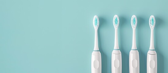Smart sonic toothbrush set with replacement heads positioned on a flat lay background, exemplifying professional oral care and promoting healthy teeth with space for text or graphics