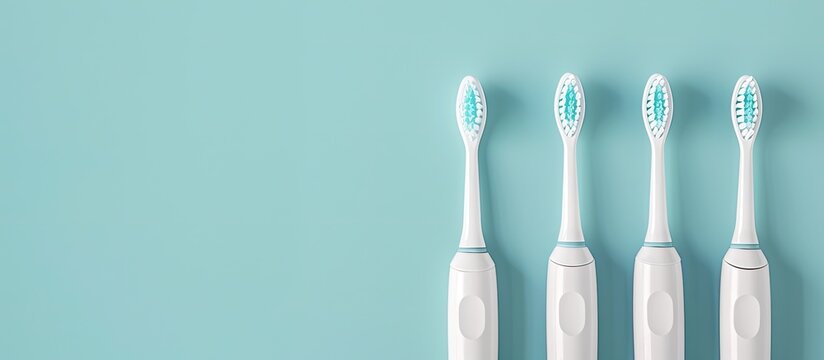 Smart sonic toothbrush set with replacement heads positioned on a flat lay background, exemplifying professional oral care and promoting healthy teeth with space for text or graphics