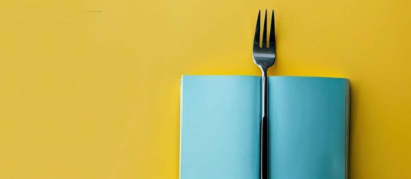A simplistic school-themed concept featuring a fork holding a pastel blue book on a yellow backdrop with ample copy space image for various purposes like invitations, book fairs, reading promotions,