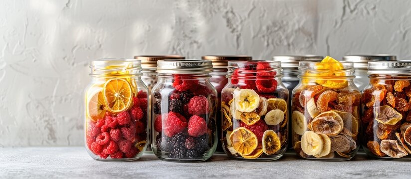 Glass jars filled with a variety of dried fruits and berries from the fall harvest, such as strawberries, raspberries, apples, bananas, and oranges, against a light concrete background with copy - Powered by Adobe