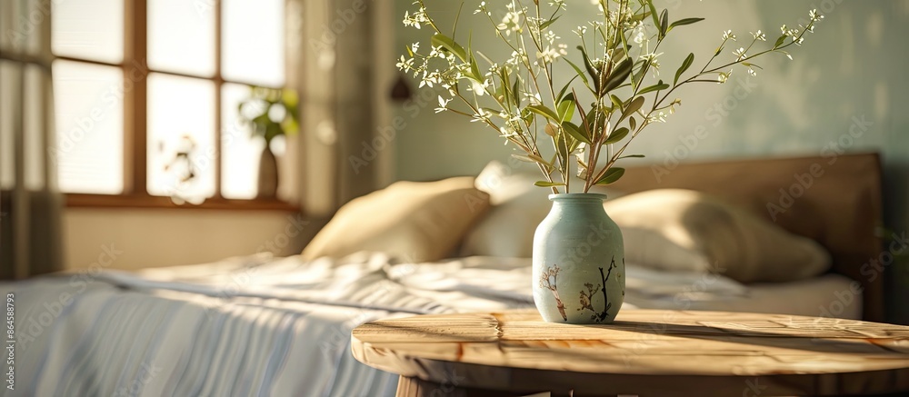Poster bedroom setting with a focused tabletop and a blurred background, creating copy space for an image.