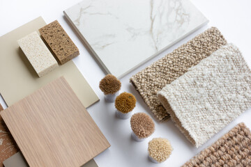 Interior Design Material Sample Board with Fabrics, Carrara Marble, Wood, and Wallpaper for Home...
