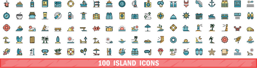 100 island icons set. Color line set of island vector icons thin line color flat on white © ylivdesign