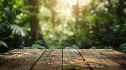 A wooden table with a tropical jungle scene in the background