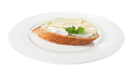 Delicious bruschetta with fresh ricotta (cream cheese), walnuts, mint and pear isolated on white