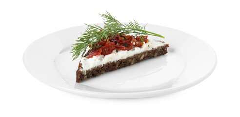 Delicious bruschetta with fresh ricotta (cream cheese), dill and sun-dried tomatoes isolated on white