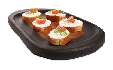 Delicious bruschettas with fresh ricotta (cream cheese), tomato and dill isolated on white