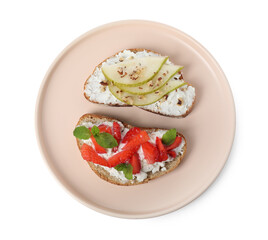 Delicious bruschettas with fresh ricotta (cream cheese), strawberry, mint and pear isolated on white, top view