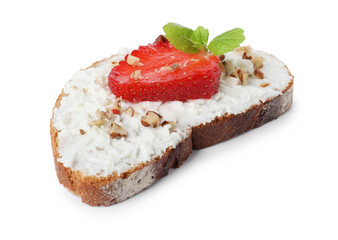 Delicious bruschetta with fresh ricotta (cream cheese), walnuts, strawberry and mint isolated on white