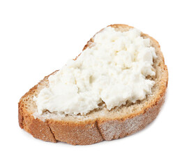 Delicious fresh ricotta (cream cheese) on piece of bread isolated on white