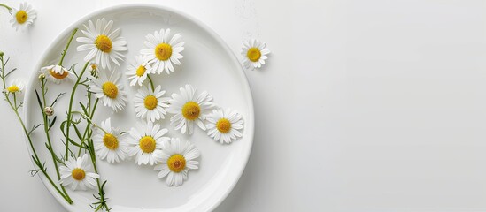 Chamomile arrangement on white plate against white backdrop with available copy space image.