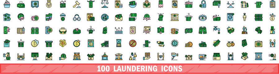 100 laundering icons set. Color line set of laundering vector icons thin line color flat on white