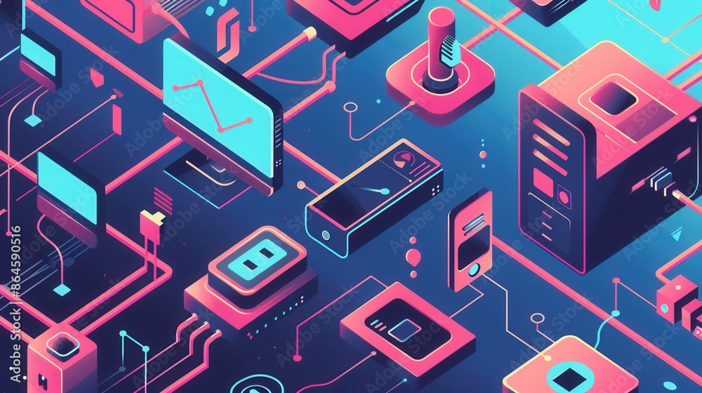 Leinwandbilder a colorful illustration depicting various network devices, including routers, modems, and smart home