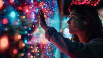 A woman triggers a stunning visual cascade on a kinetic wall, transforming the room into a mesmerizing scene.