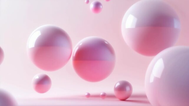 Floating Pink Spheres: 3D Animation of Glossy Spheres on a Soft Pink Background. Minimalist, Abstract, Design Concept.