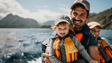 Fototapeta premium Caucasian father holding a toddler, smiling, with another child, all wearing life jackets on a boat.