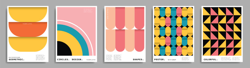Abstract colorful geometric poster design set. Contemporary creative shapes background template bundle. Suitable for advertisement, branding, event backdrop, or promotion.