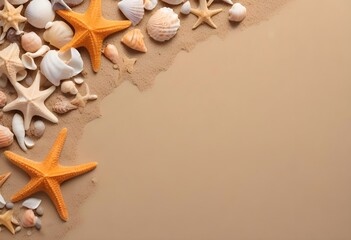 Summertime card sample with starfishes and shells on a side, fine clean sand background, free space for writing
