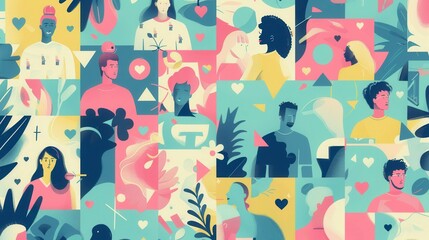 A colorful, abstract illustration depicting a social media network of diverse influencers and their followers. Generative AI