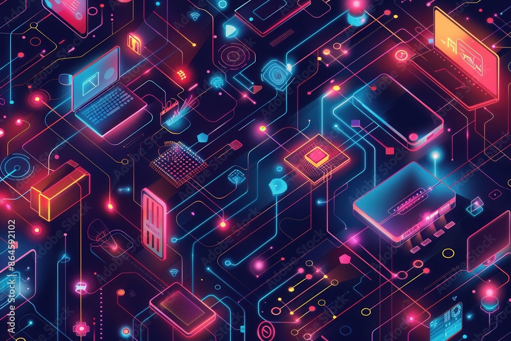 Poster digital illustration of network with routers, modems, & smart home gadgets. abstract lines show data